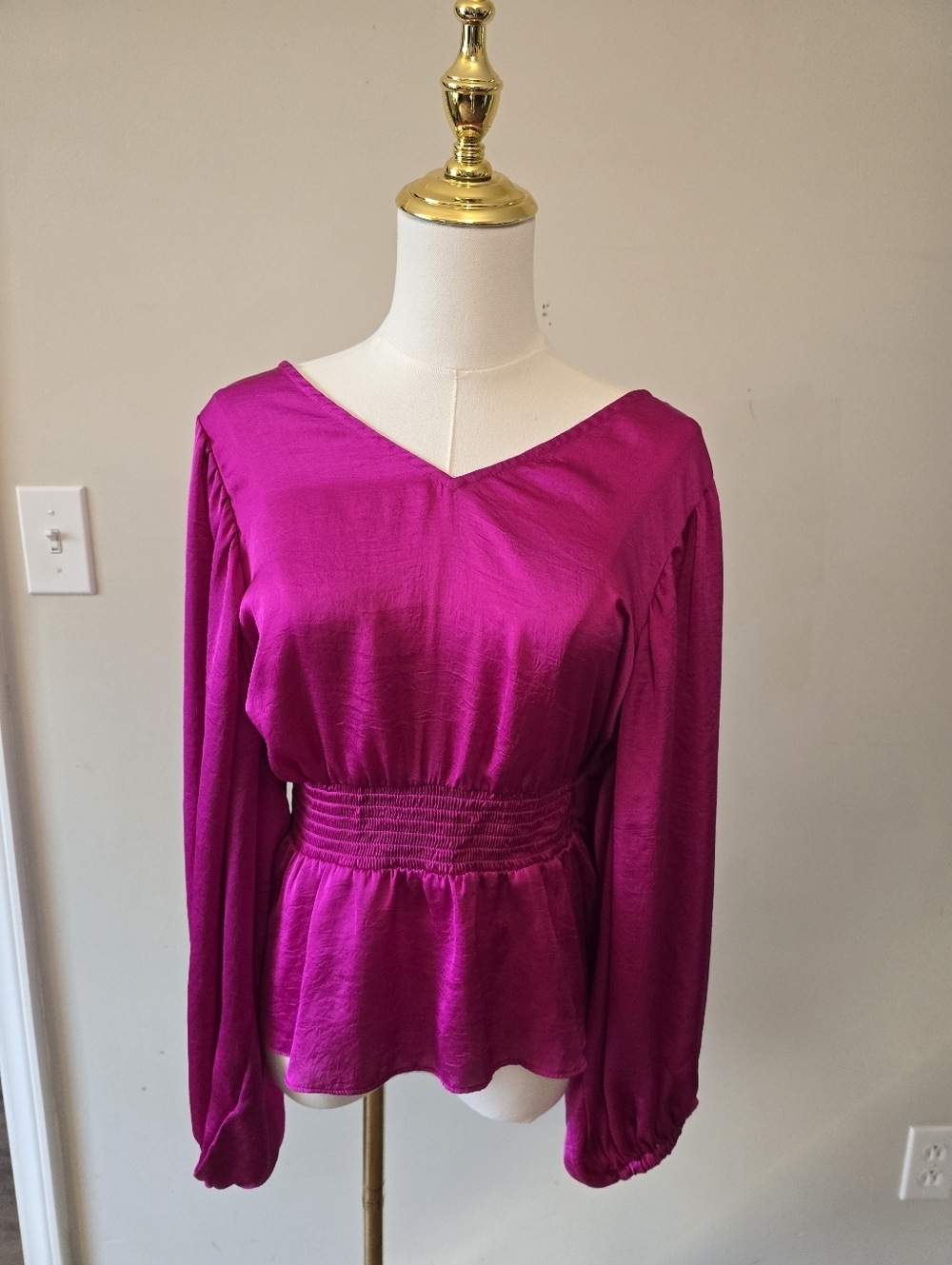 1. State Magenta V-Neck Satin Peplum Blouse